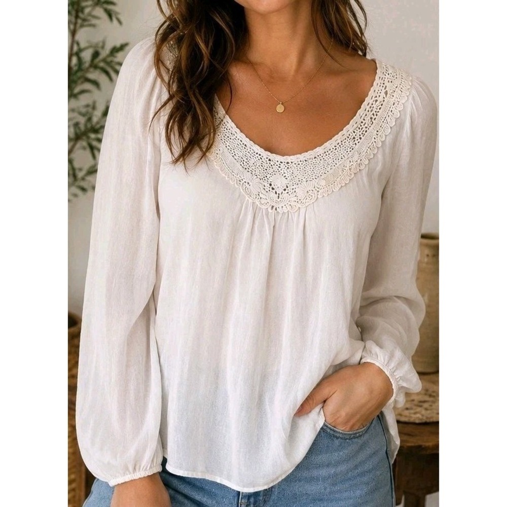 Carla Conti Cream Silk Blend Crochet Lace Boho Peasant Blouse Women's Size Small